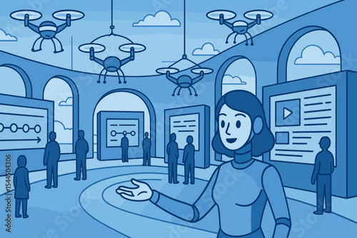 AI robot guide leads visitors in futuristic drone-powered exhibit