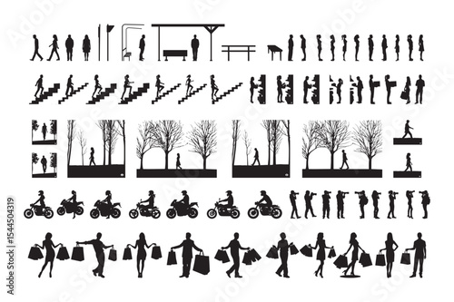 Public and Social Activity Silhouette Icons Vector Set – Black and White People Bundle