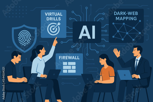 A sleek, high-tech training environment where four professionals—two men and two women—sit at desks with laptops against a backdrop of dark-blue circuitry
