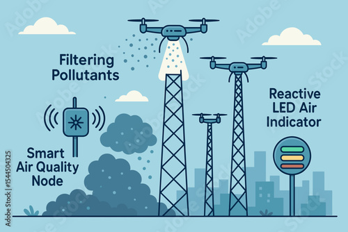 Smart city concept with drones filtering air and reactive pollution sensors