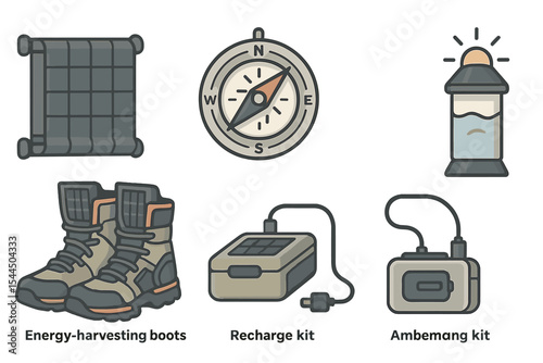 A set of six adventure-ready gear icons in flat, outlined style with muted earth tones and subtle highlights: