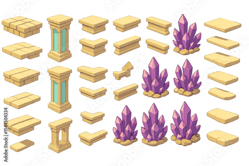 Fantasy desert stone and purple crystal platform game assets