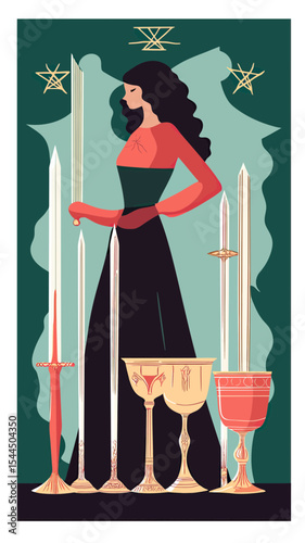 Elegant woman with swords and golden cups tarot card illustration in flat minimalist vector style mystical divination concept