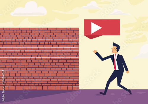 Businessman facing large brick wall obstacle under play button icon symbolizing video platform challenge or career roadblock concept in flat vector style