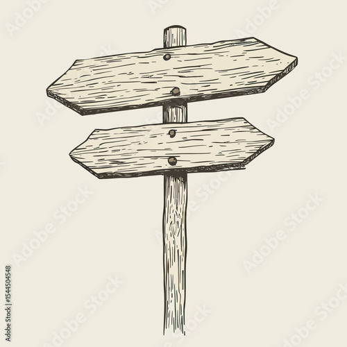 Hand drawn wooden direction signpost with two blank arrow boards, vintage sketch style vector illustration on beige background for travel and navigation concept