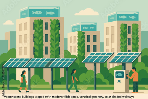 Green smart city with rooftop fish tanks, vertical gardens, and solar panels