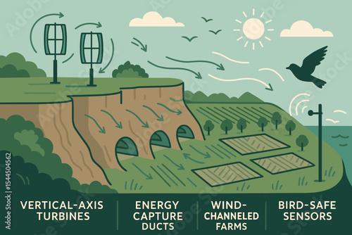 Sustainable wind energy system diagram with turbines and smart sensors