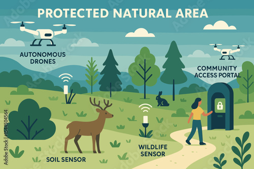 Protected nature reserve with drones, sensors, and access kiosk