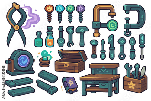 Colorful fantasy crafting icons with magical tools and enchanted items
