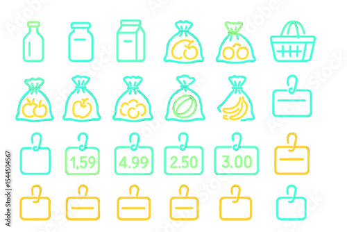 Neon grocery icon set with price tags, fruit bags, and containers