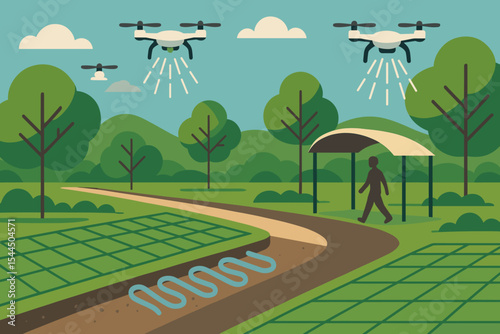 Eco-friendly park with misting drones and cooling infrastructure