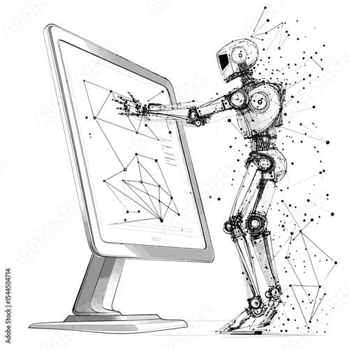 Futuristic low poly wireframe robot interacting with large touchscreen monitor displaying geometric network connections in digital workspace illustration