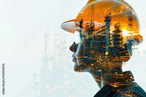 Detailed Color Picture of Double Exposure of Engineer in Safety Helmet with Oil Plant Background