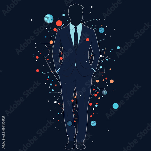 Silhouette of businessman in suit with hands in pockets surrounded by abstract geometric shapes and connected spheres representing network and technology concept vector illustration