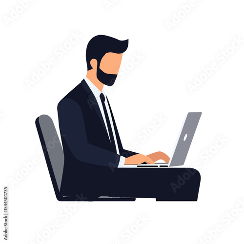 Bearded businessman in black suit sitting using laptop computer working remotely flat minimalist vector illustration
