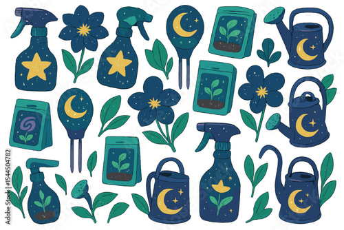 Celestial garden-themed icons with moonlit watering cans, sprays, seeds, and flowers