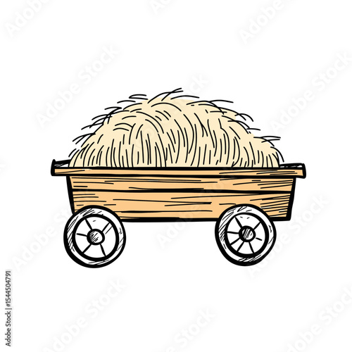 Hand drawn wooden wagon filled with hay stack sketch, rustic farm agriculture equipment doodle line art vector illustration isolated on white background