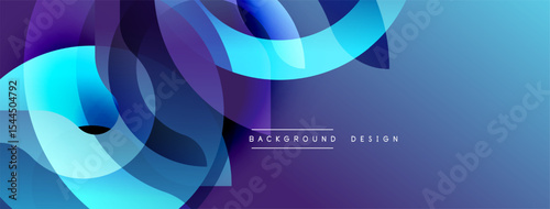Abstract flowing shapes, vibrant blues, purples create dynamic background. Modern design suggests movement, energy.