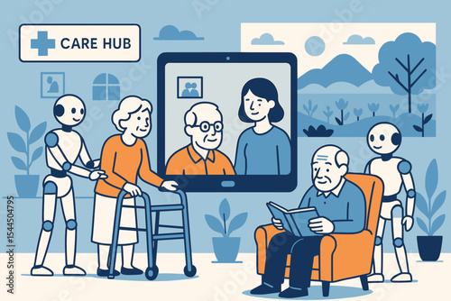 Care hub with assistive robots helping seniors and enabling remote family video calls