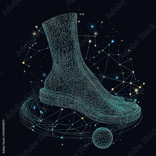 Wireframe 3D foot and ankle structure with star constellation and glowing points in futuristic space style digital vector illustration
