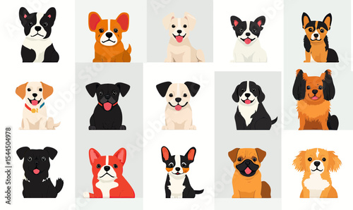 Flat minimalist vector illustration of sixteen small dog breeds icons in various colors and poses on light backgrounds for pet design and animal collection