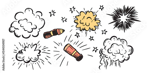 Comic style hand drawn explosion effects with smoke clouds, starbursts, bullet shells, and impact bursts in flat minimalist vector illustration
