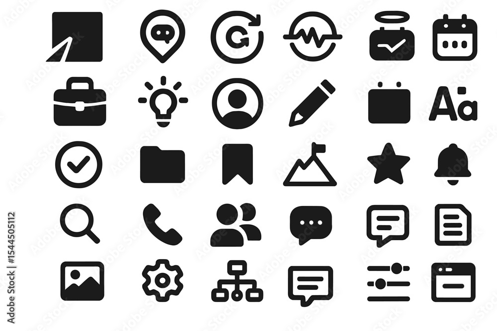 Fototapeta premium Set of black solid UI and business icons on dark brushed background