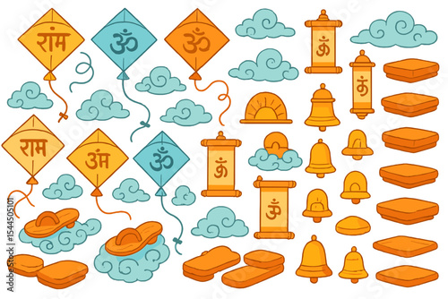 Spiritual icon set with kites, clouds, mantra scrolls, bells, and sandals