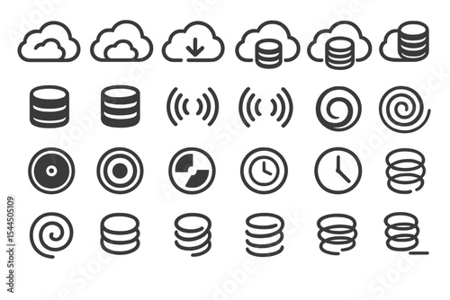 Cloud storage and data stream icon set with disks, spirals, and clocks