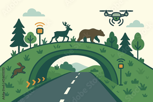 Eco wildlife bridge with motion sensors and drone surveillance over highway