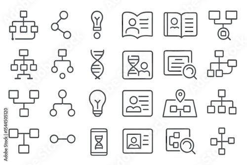 Outlined icon set of genealogy, DNA, maps, and profile records