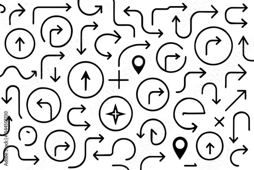 Seamless navigation pattern with black arrows and map icons