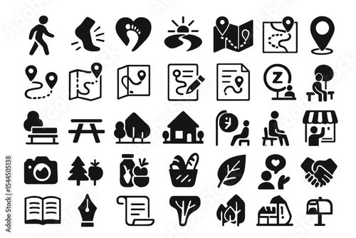 Set of lifestyle, travel, and eco-friendly icons, including walking, maps, and nature elements.