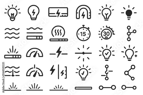 Dark-themed icon set featuring light, energy, timers, and connectivity symbols