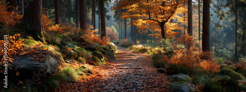 Quiet autumn forest path covered with colorful fallen leaves, sunlight streaming through trees, warm golden tones, peaceful