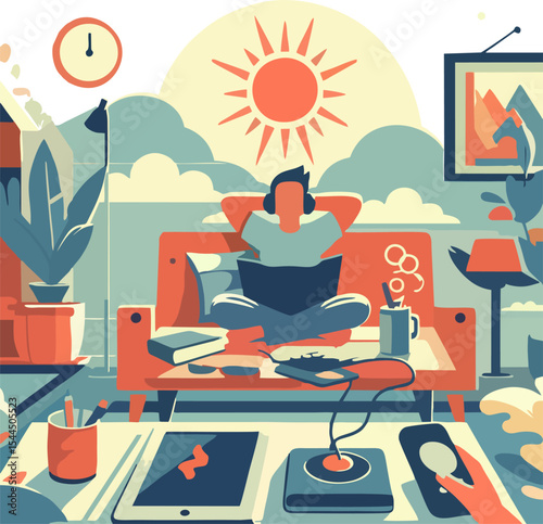 Flat Illustration of Digital Detox Lifestyle – Reading, Yoga, Nature