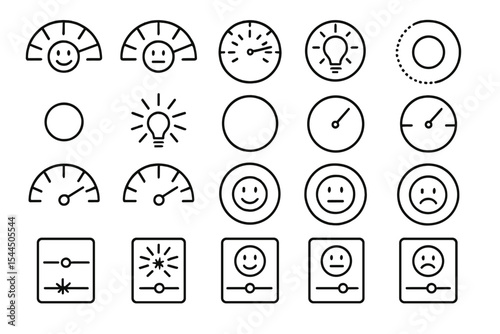 Mood and energy gauge icon set with faces, dials, sliders, and lightbulbs