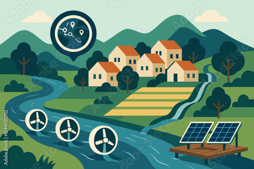 Rural sustainable living with wind turbines, solar panels, and a farming community, featuring a map marker for eco-friendly technology in the countryside.
