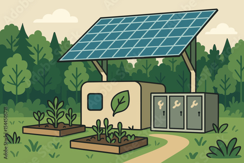 Eco-friendly shed with solar panels, gardening beds, and tool lockers, set in a lush forest environment.
