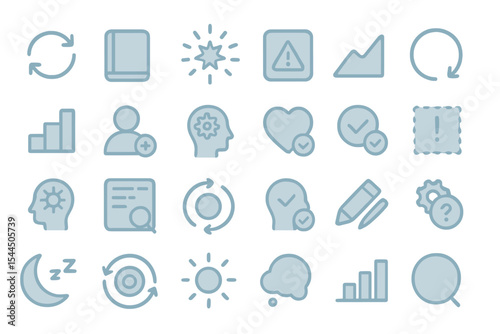 Set of light and minimal icons representing progress, health, data, and goals.