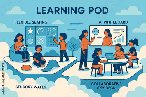 Modern learning pod with AI whiteboard, sensory walls, and cloud seating