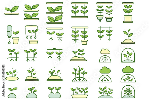 Vector icons of seedlings, planters, and smart irrigation systems