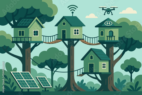 Green smart treehouses with solar panels and drone landing pad