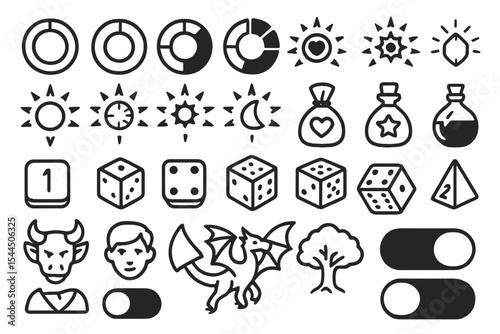 Fantasy RPG icon set with potions, dice, characters, and day-night symbols