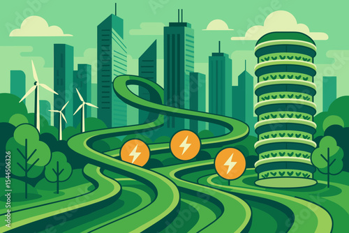 Futuristic green city with wind turbines, vertical farming, and energy paths