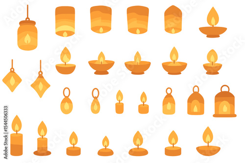 Soft glowing candle icon set with lanterns, tealights, and warm holders