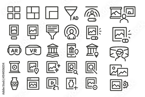 Line icon set for museum tech, AR/VR exhibits, and digital curation tools