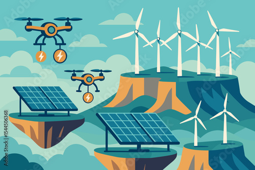 Futuristic energy landscape with drones, solar panels, and wind turbines