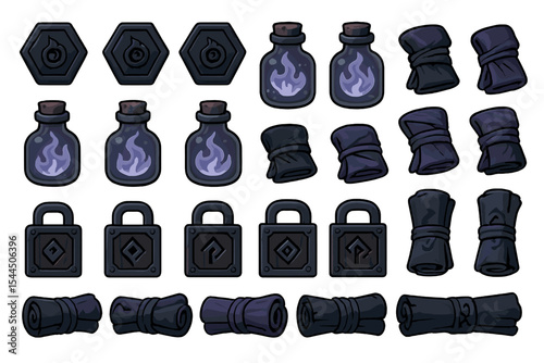 Set of magical icons featuring hexagonal seals, flame potions, wrapped scrolls with arcane symbols, and enchanted locks, perfect for fantasy games and mystical themes.
