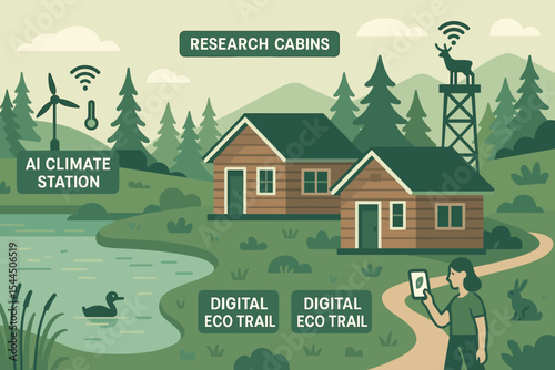 Eco research area with AI climate tech, cabins, and digital trails